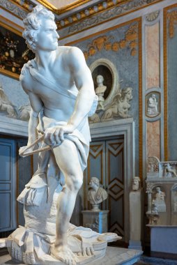 Roma, İtalya - 19 Temmuz 2018: Villa Borghese, Borghese sanat galerisi, Davut Odası, Davut heykeli