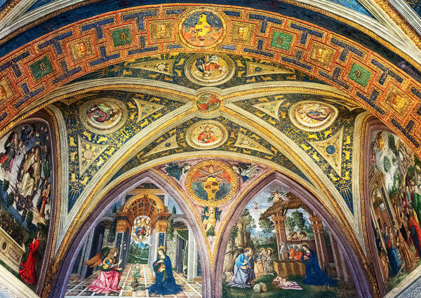 Rome, Italy - january 10, 2019: Vatican Museums, Borgia apartment, frescoes by Pinturicchio