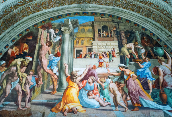 Rome, Italy - january 10, 2019: Vatican Museums, Raffaello Rooms , the Burning of the Borgo, painted by Raffaello