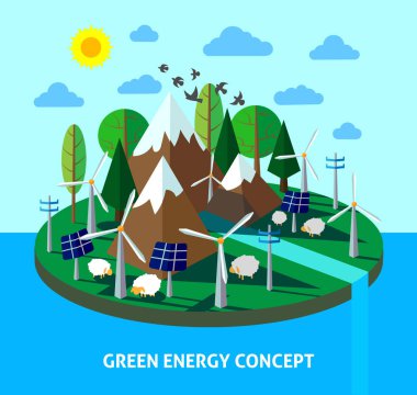 Yeşil enerji Eko ada dağlar, ağaçlar, güneş panelleri ve Rüzgar değirmeni. Ekoloji yaşam tarzı. Vektör çizim bilgi grafik, broşür ve web tasarımı için.