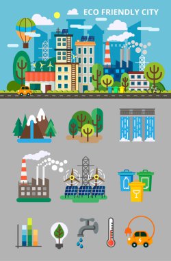 Büyük ekoloji bilgi graphis için ayarla. Ekoloji kavramı ile manzara. Ecofriendly şehir binaları ile düz stil taşıma ve doğa ekoloji ögelerinde. Vektör çizim broşür ve Web siteleri için