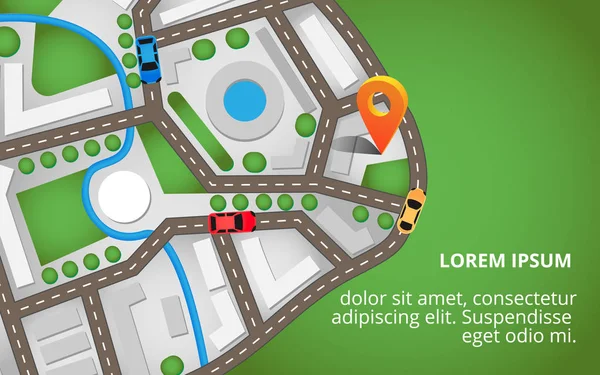 Stadskarta med navigering ikoner. Vector information grafik med en slingrande väg, bilar och lastbil. Perspektiv stadskarta med orange markörer — Stock vektor