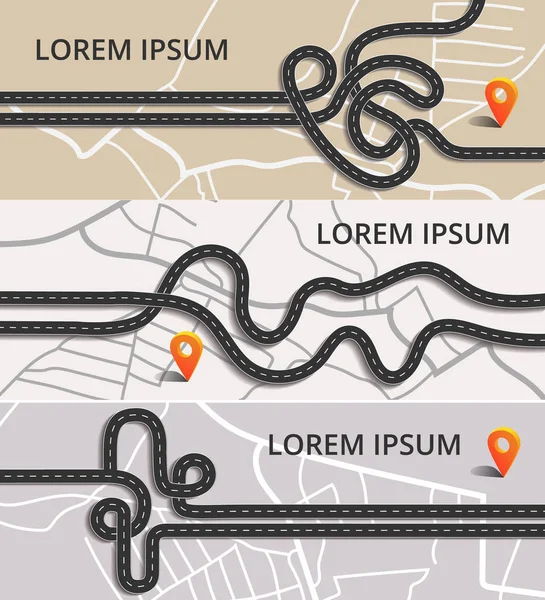 Três faixas horizontais com estradas sinuosas no mapa da cidade com pino laranja. Ilustração vetorial. Conjunto de junção de espaguete rodoviário —  Vetores de Stock