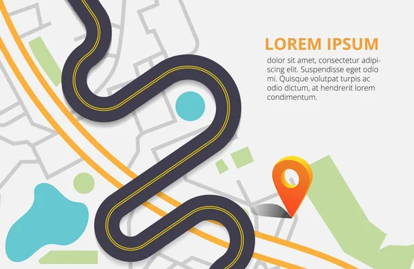 Infografica stradale con puntatore a spillo colorato. Infografica vettoriale con una strada tortuosa che separa lo spazio vuoto da una mappa della città prospettiva . — Vettoriale Stock