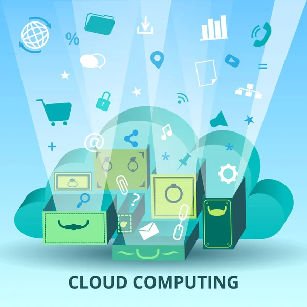 Cloud computing koncepcja. Ilustracja wektorowa z chmury, dużo szafek i ikony — Wektor stockowy