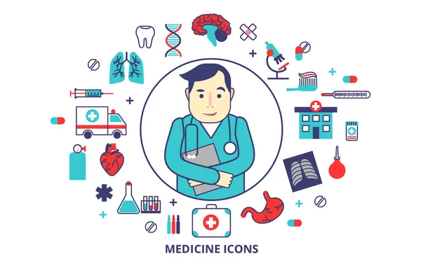 Geneeskunde concept in platte lijnstijl. Gezondheidszorg vectorillustratie met arts en medische artikelen. Voor web, info afbeelding en banner. — Stockvector