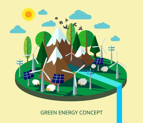 Consepto de energía verde, ilustración vectorial. Eco isla con molinos de viento árboles, montañas, paneles solares, berds, ovejas y pastos. Mundo perfecto — Archivo Imágenes Vectoriales