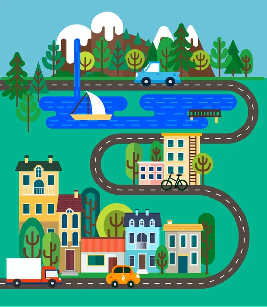 Groene stad plat design. Natuur landschap met bergen, bomen, waterval, lake, weg en kleine stad. Vectorillustratie voor info afbeelding-, web- en grafisch ontwerp. — Stockvector