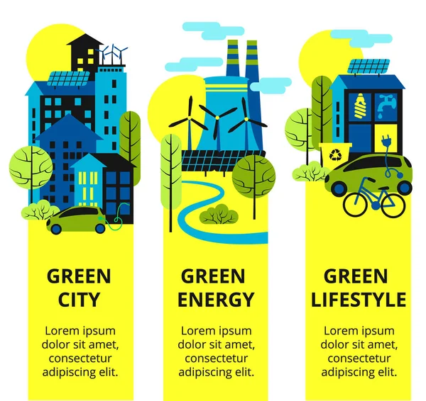 Banderas verticales de la ciudad verde. Ilustraciones ecológicas vectoriales. Desarrollo sostenible de la industria con ilustración de antecedentes de conservación ambiental . — Vector de stock