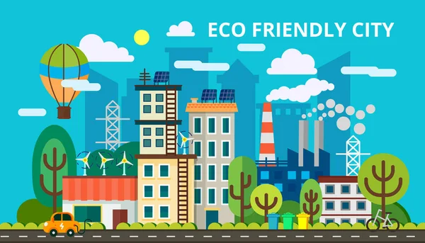 Moderno concetto di design piatto di smart green city. Città ecosostenibile, generazione e risparmio di energia verde. Illustrazione vettoriale per info grafiche e web design — Vettoriale Stock