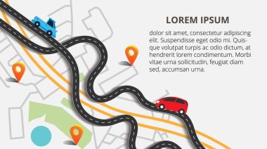 Üstten Görünüm şehir haritası ile yollar virajlı. Gezinme simgeleri ile sokak haritası. Gezinti kavramı. Vektör çizim web afiş ve bilgi grafik için kullanılabilir.