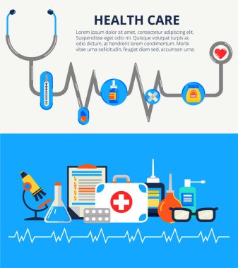 Modern düz tasarım sağlık kavram. İki yatay web afiş bir sürü tıbbi simgeler. İzleme öğeleri illüstrasyon sağlık Web ve bilgi grafik için kullanılan vektör