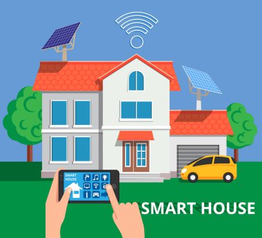 Düz stile akıllı ev kavram. Uzaktan ev kontrol sistemi dijital tablet ya da telefonundan. Vektör çizim web afiş, broşür ve bilgi grafik için