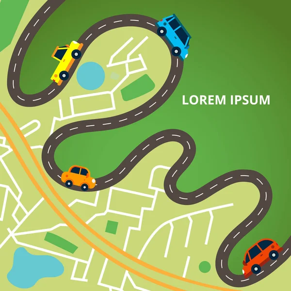 Bovenaanzicht stadsplan met kronkelende weg en vele kleurrijke auto. Verkeersopstopping. Vectorillustratie voor het webbanners en info afbeelding. — Stockvector