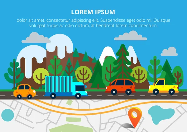 Mappa città vista dall'alto con pin arancione, strada e ingorgo. Strada con un sacco di auto e camion su sfondo natura. Può essere utilizzato per banner web e grafica info . — Vettoriale Stock