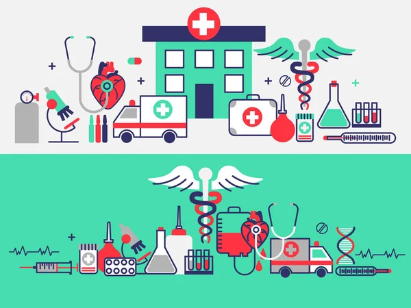 Health care concept in moderne platte lijn ontwerp. Geneeskunde webbanners. Vectorillustratie — Stockvector