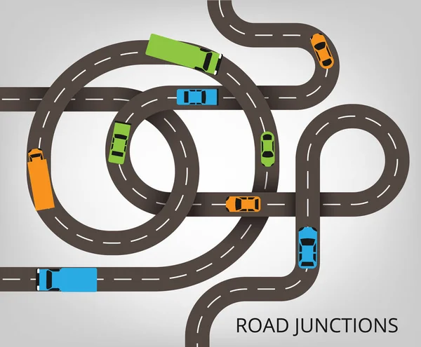 Concepto de cruce de caminos. Ilustración vectorial con carreteras sinuosas y una gran cantidad de coches y camiones de colores . — Vector de stock