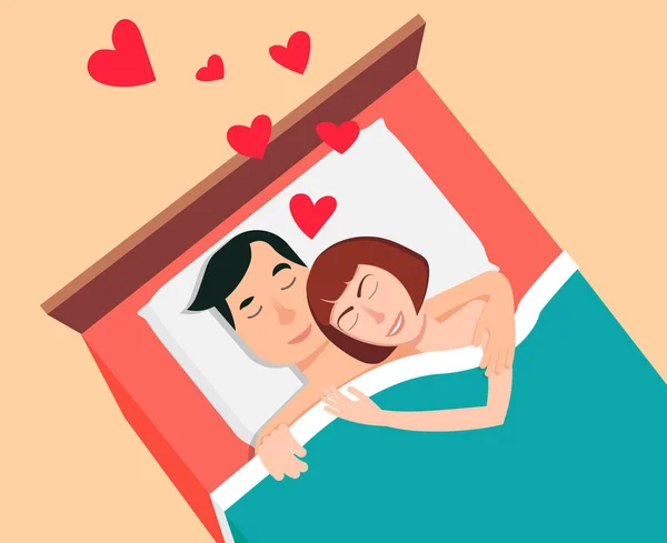 Οι άνθρωποι με την αγάπη, εικονογράφηση φορέα. Ζευγάρι άνδρας και η γυναίκα στον ύπνο στο κρεβάτι. Ρομαντικό ζευγάρι χαρακτήρων κινουμένων σχεδίων. Μήνας του μέλιτος παντρεμένοι άνθρωποι. — Διανυσματικό Αρχείο