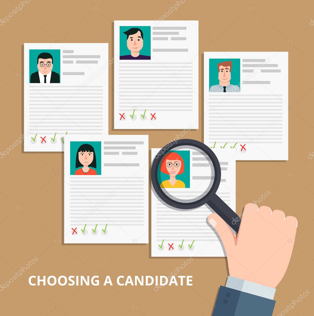 Modern colorful flat style vector illustration. HR manager looking through a magnifying glass on job candidates.Searching professional staff, analyzing personnel resume, recruitment.