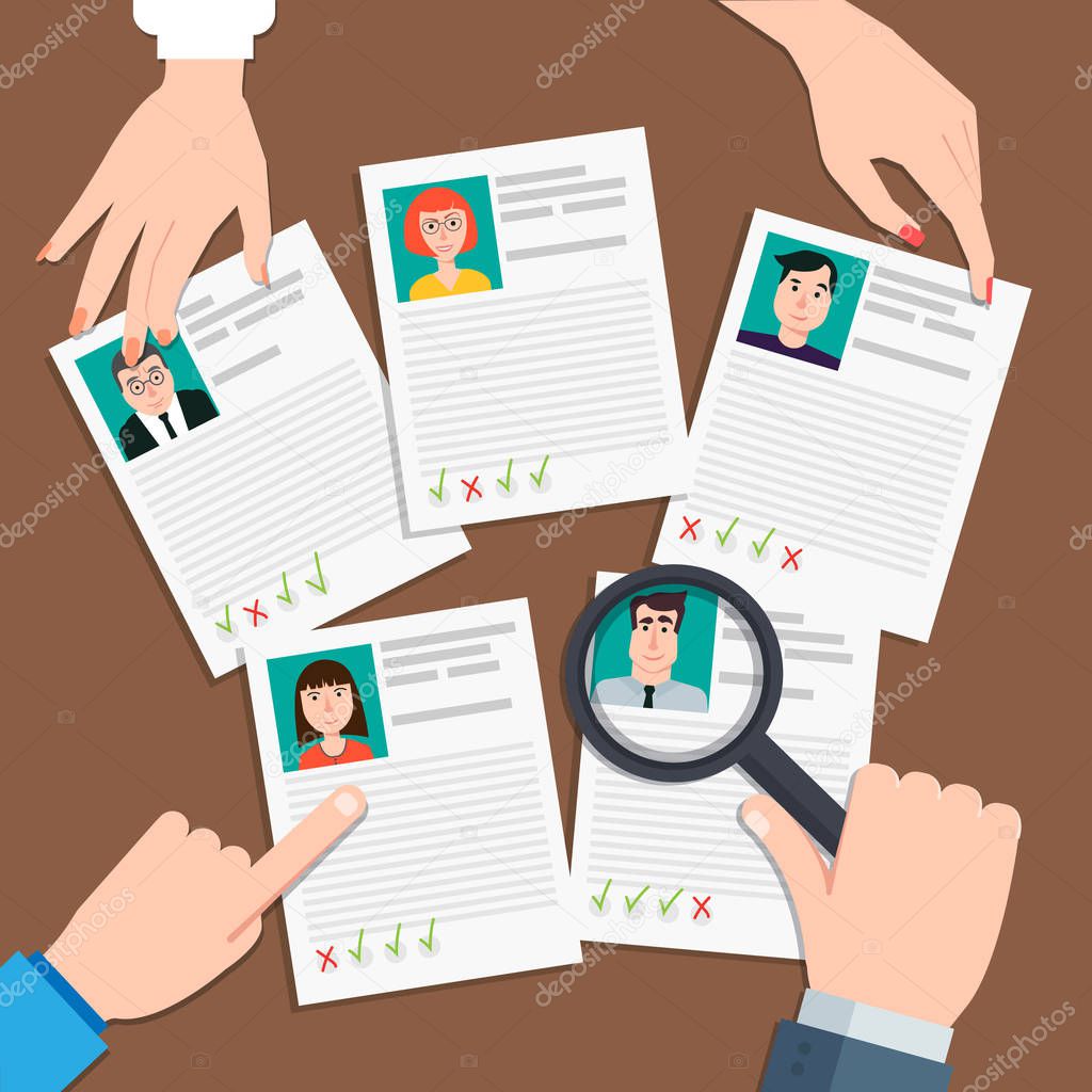 Vector illustration in flat design.Human resources management concept, searching professional staff, analyzing resume, documents papers.HR manager looking through magnifying glass on job candidates.