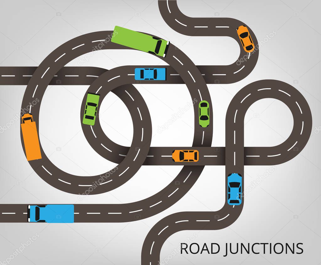 Roads junctions concept. Vector illustration with winding roads and a lot of colorful cars and trucks. 