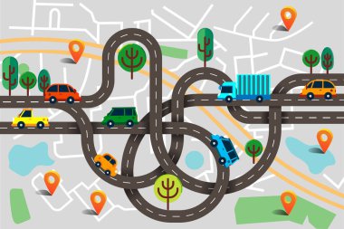 Renkli arka plan manzara, yol ve şehir haritası ile. Üstten Görünüm 