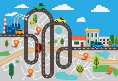 Asfalt yol ile renkli vektör çizim ve bir sürü araba. Üstten Görünüm şehir haritası ve turuncu pimleri ile ulaşım kavramı. Düz tasarım web afiş ve bilgi grafik için