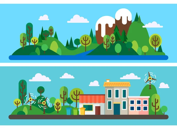 Two horizontal banners in modern flat style, ecology concept. The house on a background of hills and trees.The eco-friendly city. Nature landscape with the mountains and green hills. — Stock Vector