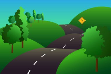 Yeşil tepeler ve sarma yollar ile renkli vektör çizim.