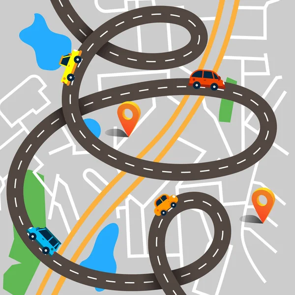 Kleurrijke achtergrond met landschap-, weg- en city kaart. Bovenaanzicht — Stockvector