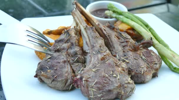 Costillas de cerdo a la parrilla y patatas fritas — Vídeo de stock