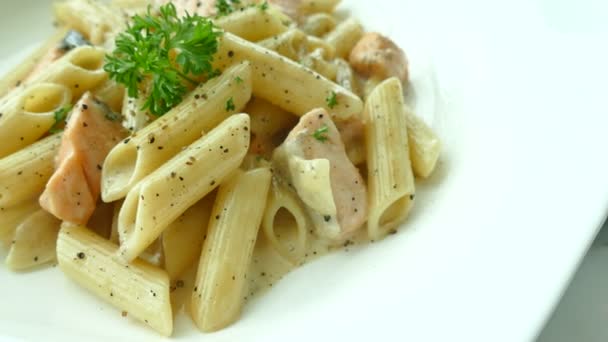 Italian pasta with salmon — Stock Video