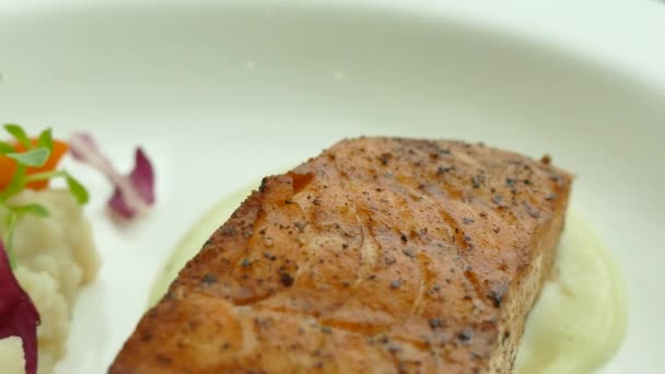 Filete de salmón a la parrilla con salsa y verduras — Vídeo de stock