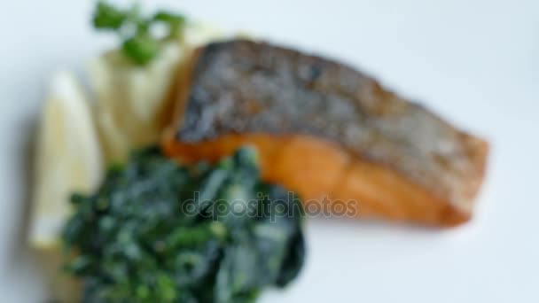 Zalm steak met groen en citroen — Stockvideo