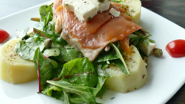 Zalm salade met verse groenten — Stockvideo