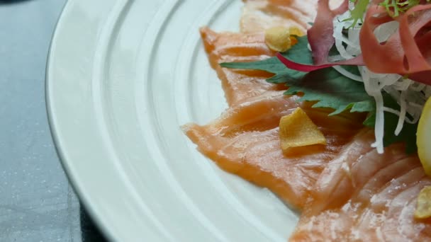 Salada de salmão com legumes frescos — Vídeo de Stock