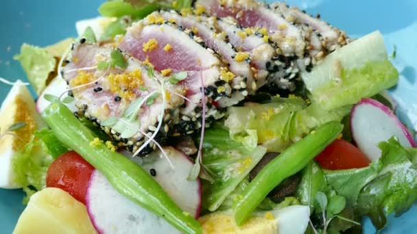 Рыбные рулеты с салатом — стоковое видео