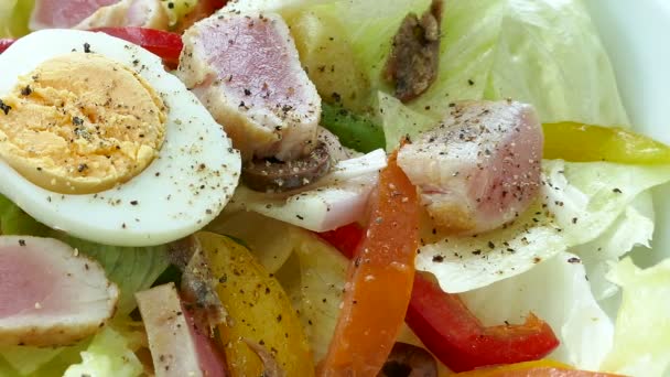Taze sebzeli ton balığı salatası. — Stok video