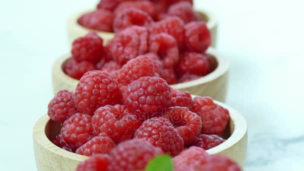 Fresh Raspberry Small Wooden Bowls — Stock Video