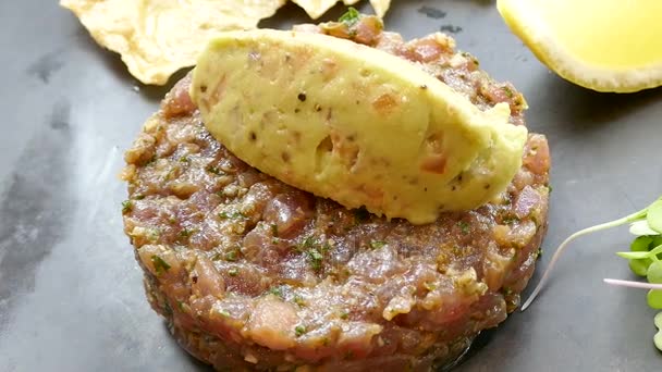 Delicious Salmon Tartare Sauce Plate — Stock Video