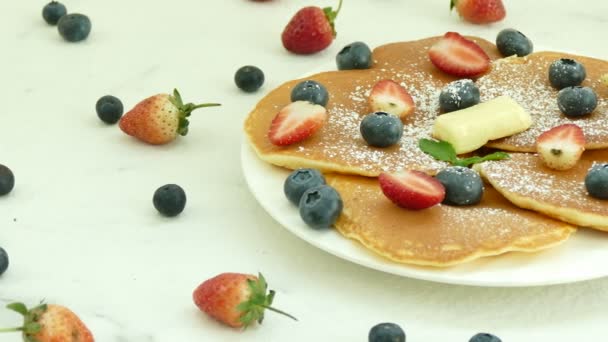 Delicious Pancakes Butter Fresh Berries White Plate — Stock Video