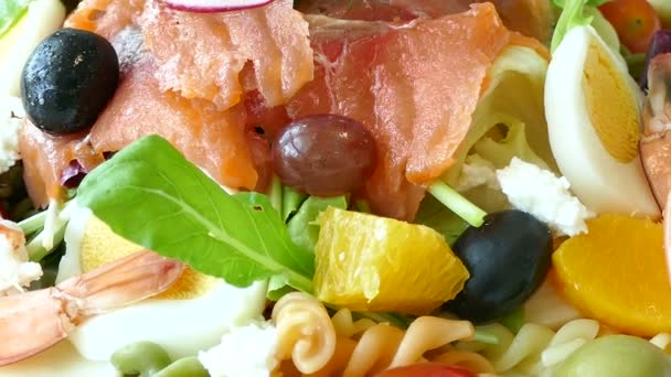Delicious Pasta Salad Salmon Olives — Stock Video