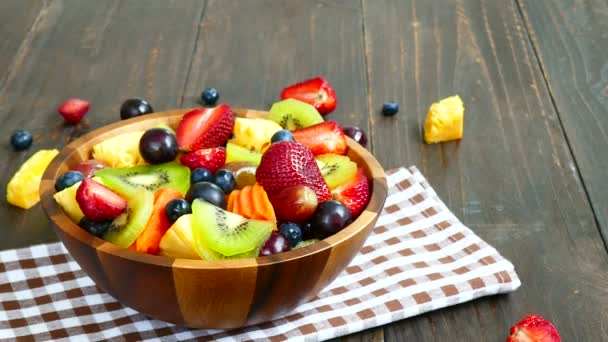 Assorted Ripe Fruits Berries Wooden Bowl Rustic Table — Stock Video