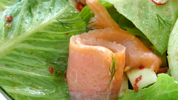 美味熏鲑鱼沙拉配新鲜蔬菜 — 图库视频影像
