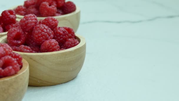 Fresh Raspberry Small Wooden Bowls — Stock Video