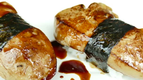 Delicioso Sushi Foie Gras Comida Tradicional Japonesa — Vídeo de Stock