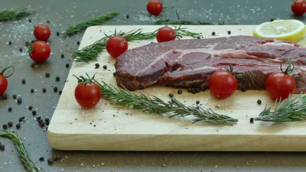 Fresh Raw Beef Steak Spices Wooden Board — Stock Video