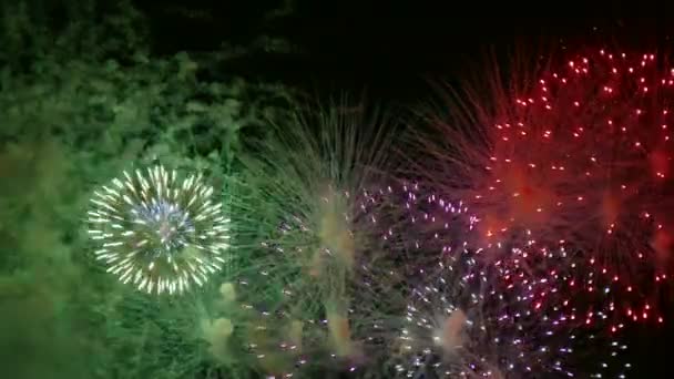 Vidéo 4k de feux d'artifice dorés rayonnant dans le ciel nocturne drak