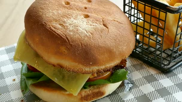 Deliciosa Hamburguesa Carne Con Papas Fritas Video — Vídeo de stock