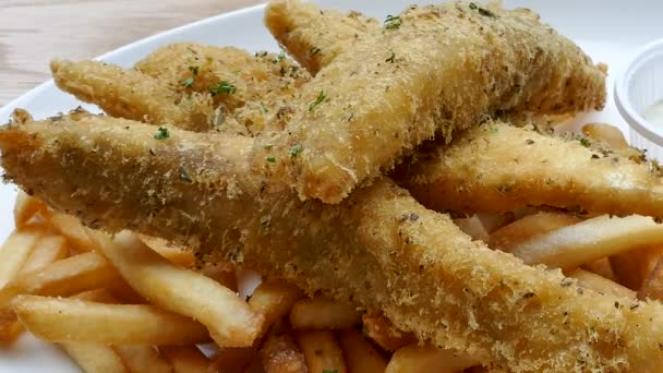 Fish Chips Sauce White Plate — Stock Video